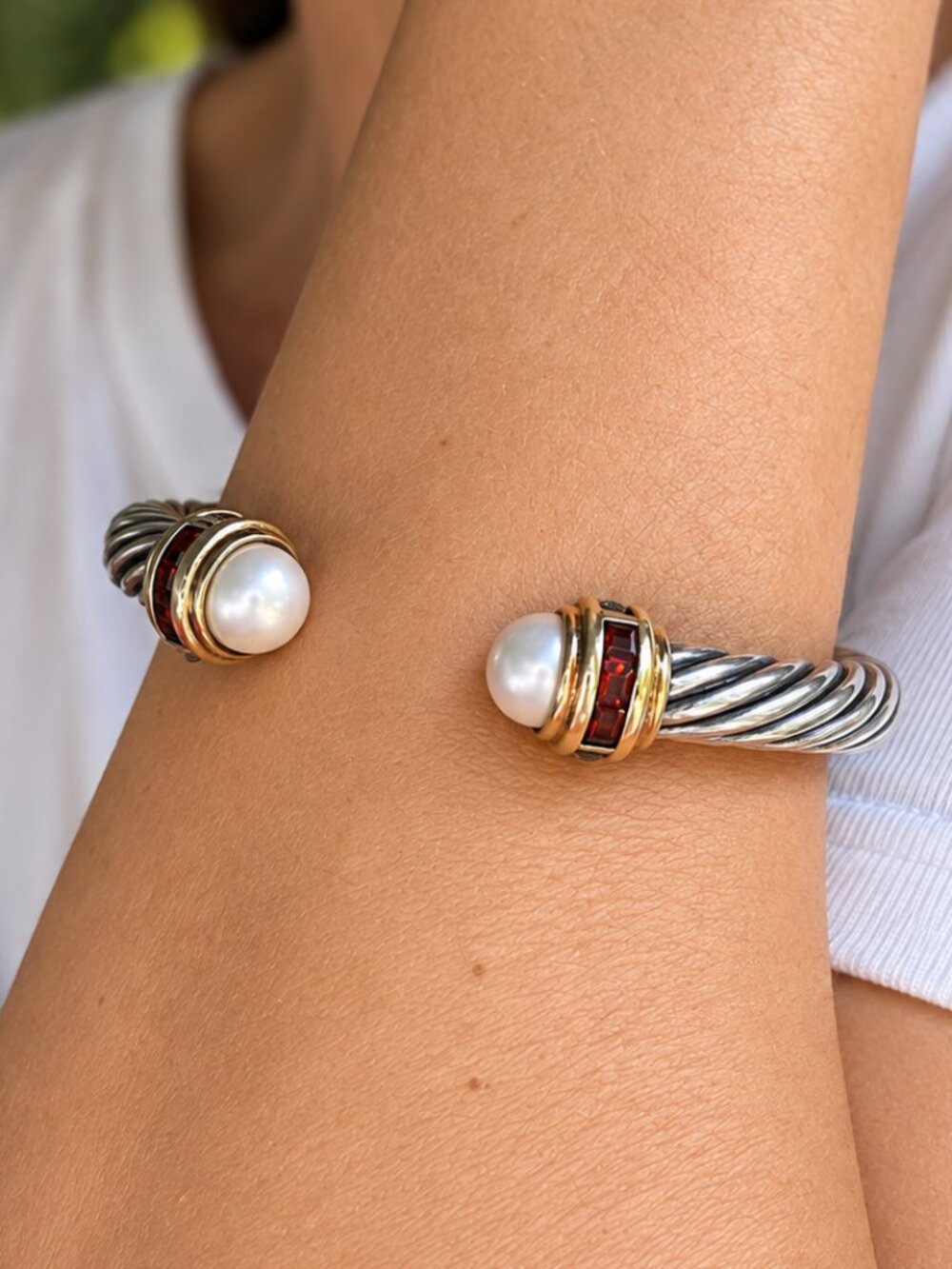 DAVID YURMAN 14K Gold SS Pearl Garnet Cable Bracelet 7mm Vintage
